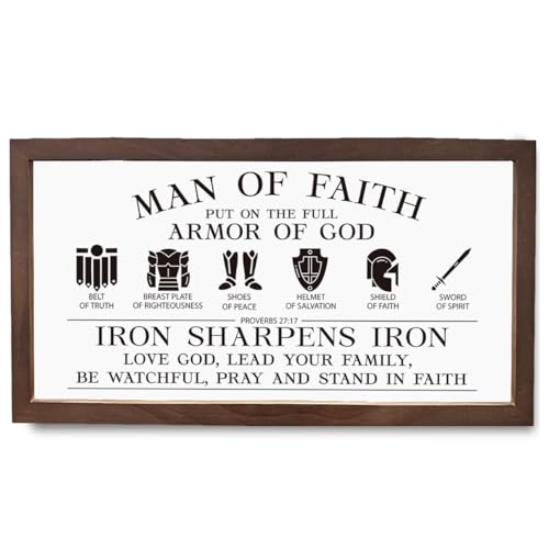 Man of Faith Put on the Full Armor of God Sign, Christian Decor, PROVERBS 27:17, Inspirational Bible Verse Wall Art, Religious Home Decor, Christian Decoration for Home, Scripture Wall Art - color: MAN OF FAITH