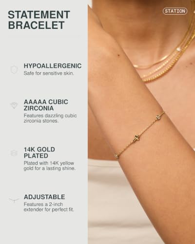 PAVOI 14K Gold Plated Sideways Cross Bracelet for Women, Religious Bracelet - style: Station