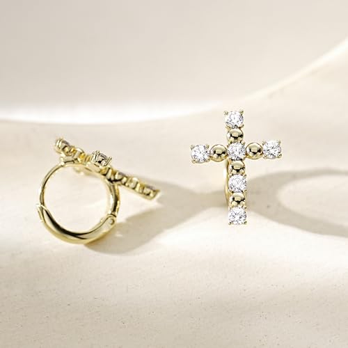 14K Gold Cross Huggie Earrings for Women Hoop Small Cross Earring - color: Gold Zircon Cross Hoop Earring