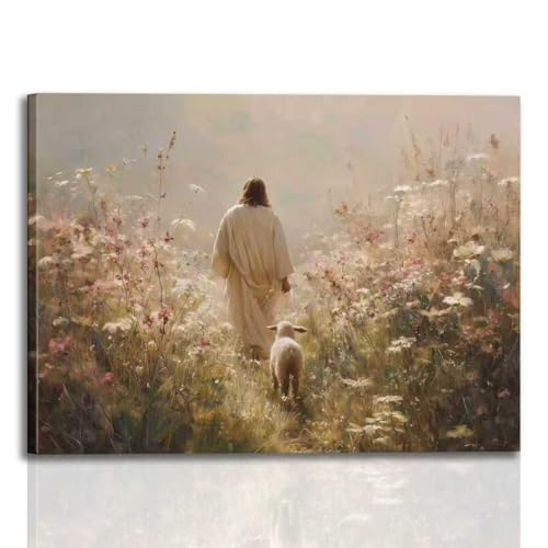 Framed Jesus Wall Art Jesus and the Lamb Walking Among Flowers Christian Poster Print Religious Art Canvas Painting for Living Room, Church, Prayer Room, Bedroom, etc., 12x16 in - color: Jesus Wildflower Sheep3, size: 12x16 Inches