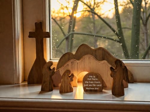 Wooden Easter Empty Tomb Decoration Set with Cross and Figurines, he is Risen, Jesus Resurrection Scene Christian Decor for Home, Church, Office, Shelf Display, Easter Table Decor (#D) - color: #D