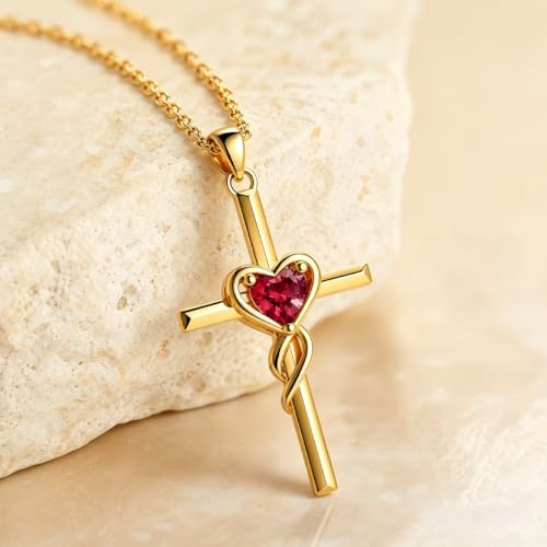 Birthstone Cross Necklace for Women 14K Gold Plated Heart Infinity Cross Pendant Necklace Christian Religious Jewelry Anniversary Birthday Gifts for Wife Mom Her - color: July/Ruby