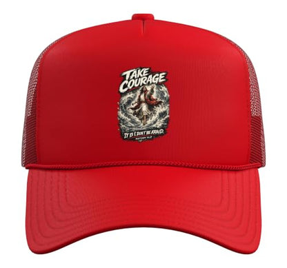Take Courage It is I. Don't Be Afraid Bible Verse Art Trucker Hat with Adjustable Mesh Back - color: Red