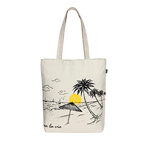 Ecoright Tote Bag for Women with Zipper, Small Tote Bag, Canvas Bag, Reusable Cotton Bag for Beach, Grocery, School & Work - color: Sea La Vie Beach