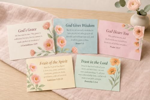 48 Encouraging Scripture Verse Cards with Walnut Wood Stand – 2 Unique Sets: Watercolor Wildflowers + Elegant Floral Design – Christian Desktop Bible Verse Affirmations for Daily Inspiration & Gifting