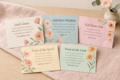 48 Encouraging Scripture Verse Cards with Walnut Wood Stand – 2 Unique Sets: Watercolor Wildflowers + Elegant Floral Design – Christian Desktop Bible Verse Affirmations for Daily Inspiration & Gifting