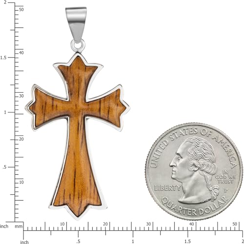 Sterling Silver Koa Wood Inlay Cross Crucifix Necklace Pendant with 18" Box Chain, Nickel Free Hypoallergenic for Sensitive Skin, Gift Box Included - color: Trinity Cross
