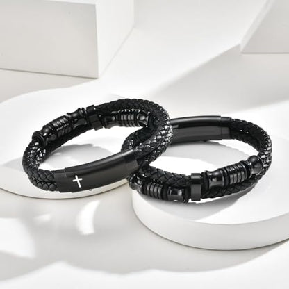 Men's Cross Bracelet Handsome Inspirational Quote Bible Verse Engraved Black Braided Leather Bracelets for Men Religious Jewelry Christmas Baptism Confirmation Christian Gifts for Son Husband Man - style: 01: Cross+ Personalized