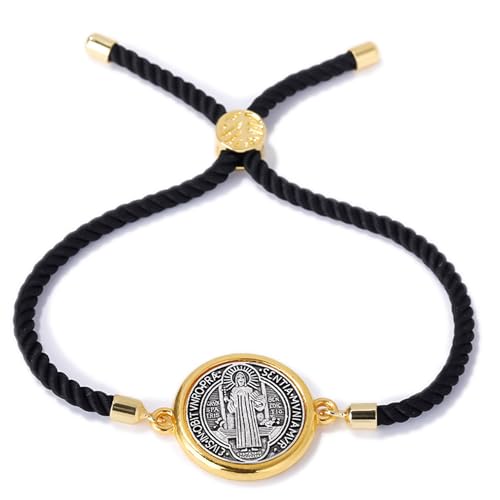 Catholic Bracelets St. Benedict Bracelet Red Rope Double Hole Pendant Couple Woven Bracelets Adjustable Black Bracelet - color: black