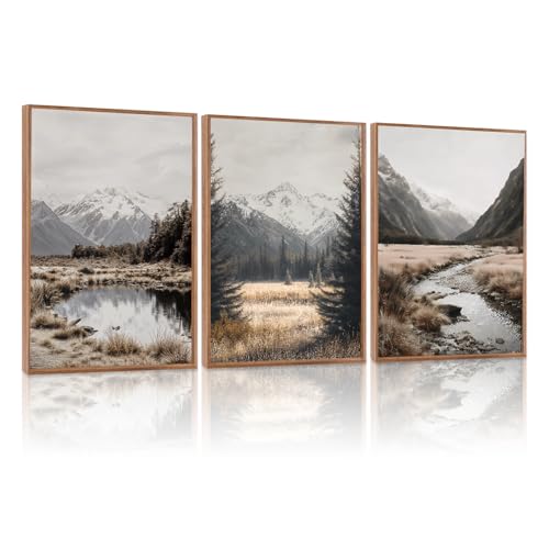 LHIUEM White Snow Mountain framed decor Misty Forest Framed Canvas Wall Art set of 3(12”X16”) Woodland Wall Painting Large Mountain Cabin Art Work Snowy Pine Tree Artworks for Living Room Office - color: Snow