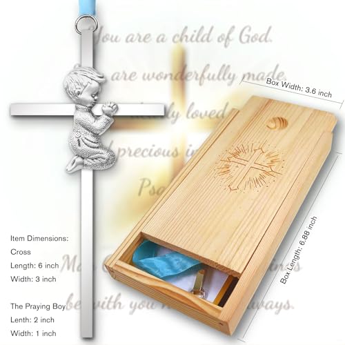 Baptism Gifts for Boys & Girls,First Communion Gifts for Kids,Christening Baby Shower Party 6in Praying Cross (1pc Silver Boy with Wooden Box) - color: Blue