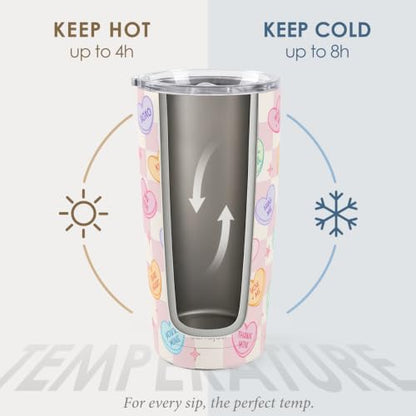 SANDJEST Heart Message Tumbler 20oz, Stainless Steel Travel Cup with Lid, Insulated Coffee Mug, Heart Gifts for Women Girls Friends Sisters on Birthday Christmas Valentine - color: Heart Message