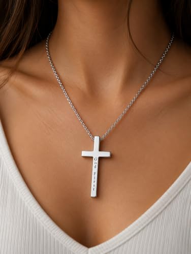 Engraved Cross Necklace for Men, Women & Boys & Girls Cross Necklace, Stainless Steel Cross Pendant Necklace, Faith & Inspiration Christian Jewelry Gift - color: God First