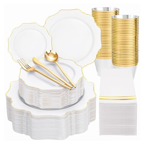 WDF 350PCS White and Gold Plastic Plates - Gold Plates Disposable 50Guest Plastic Dinnerware Ideal for Party/Wedding/Birthday/Thanksgiving/Fall/Rosh Hashanah - color: White and Gold, size: 350 pieces