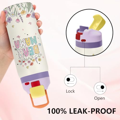 Bear 32oz Insulated Water Bottle, Gift for Mom, Handle and 2-in-1 Lid, 1PCS - color: MamaBear-White