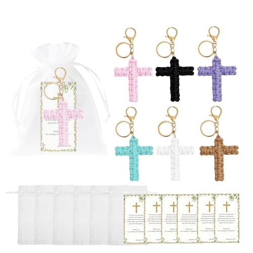 6 Set Cross Keychains, Christian Religious Keychains Bulk With Cards Organza Bags, Communion & Confirmation Presents - color: Multicolor