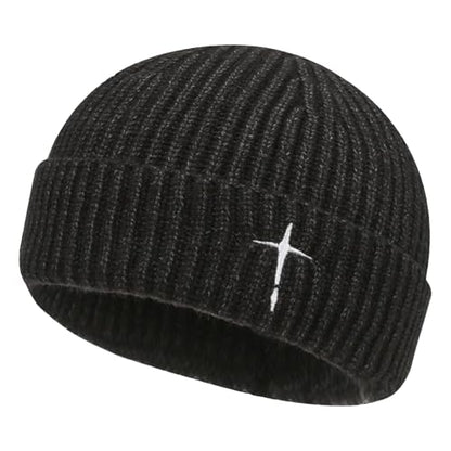 Men's Knitted Skull Cap Cross Embroidered Fisherman Beanie - color: Dark Grey
