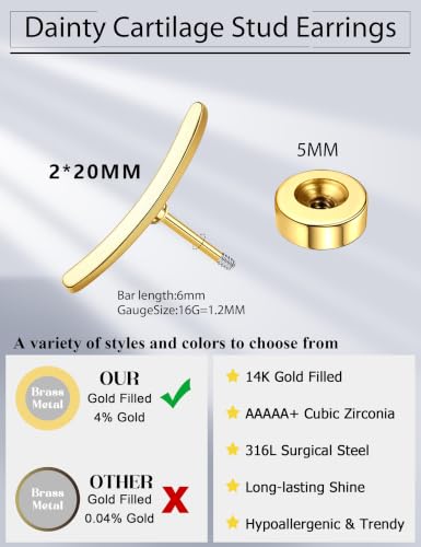 JeryWe Cartilage Earrings for Women Hypoallergenic Helix Piercing Jewelry - color: A:bar-14k gold filled