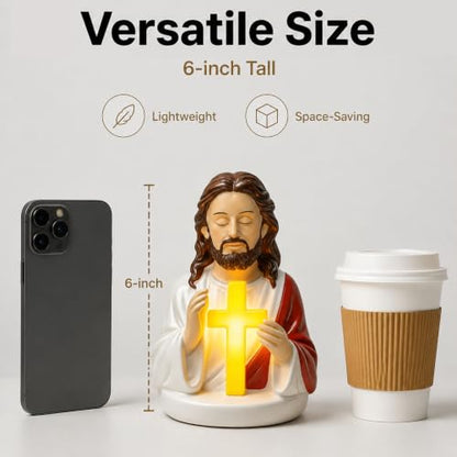 Sacred Jesus Cross Figurine LED Night Lamp, 6'' Resin Jesus Bust Statue with Illuminated Cross, Soft Warm Light Prayer Devotional Lamp,Gift for Baptism, Easter, Christmas, Housewarming - color: Red