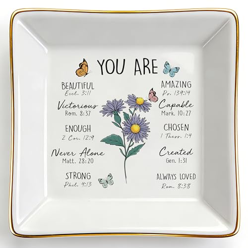PUDDING CABIN Birthday Gifts for Women, Aster Scripture Jewelry Dish, Christian Gifts - style: Aster: Patience, Elegance, Afterthought(September Birth Flower)