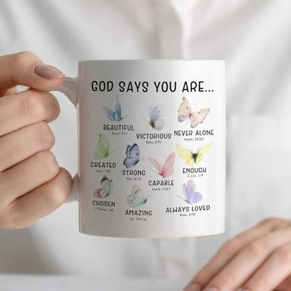 Christian Butterfly Mug, God Says You Are Bible Verse Coffee Cup Ceramic, Christian Gifts for Women, Inspirational Religious Ceramic Coffee Tea Mug 11 oz