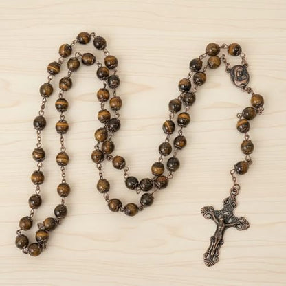 Nazareth Store Natural Stone Beads 8mm Rosary Necklace Antique Copper Design Holy Soil Medal & Cross in Velvet Bag - Catholic Rosaries Terra Santa Jerusalem Collection - color: Tiger Eye