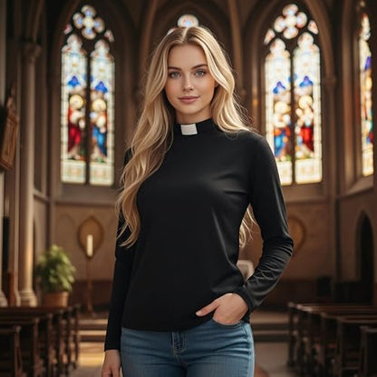 Women's Clergy Long Sleeves Short Tab Collar Clergy Priest Costume T-Short Priest Blouse Top - size: Large