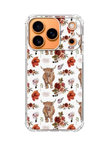 Highland Cow Phone Case for iPhone 17 Pro, Cute Floral Cow Pattern Phone Cover, Soft Trendy TPU Bumper Cover Case - color: Highland Cow