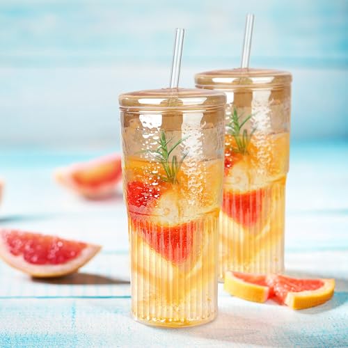 Joeyan 22 oz Amber Glass Tumbler with Straw and Lid,Ribbed Glasses Cups - color: Amber colored glass tumbler