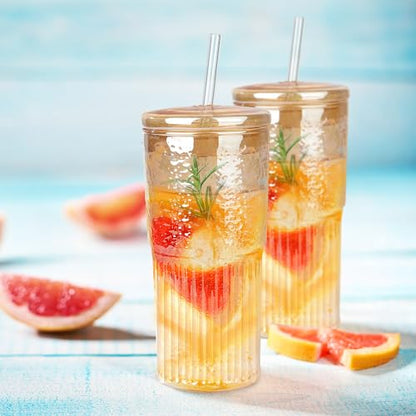 Joeyan 22 oz Amber Glass Tumbler with Straw and Lid,Ribbed Glasses Cups - color: Amber colored glass tumbler