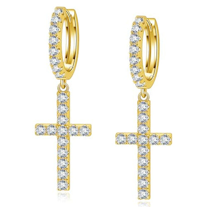 Moissanite Sterling Silver Cross Earrings for Women Huggie Drop - color: Cross Dangle (Gold)