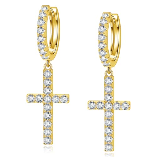 Moissanite Sterling Silver Cross Earrings for Women Huggie Drop - color: Cross Dangle (Gold)