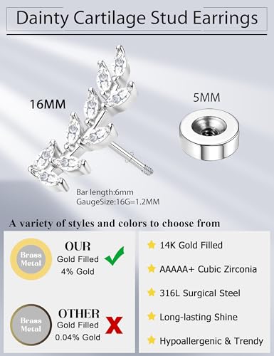 JeryWe Cartilage Earrings for Women Hypoallergenic Helix Piercing Jewelry - color: D:leaf-silver filled