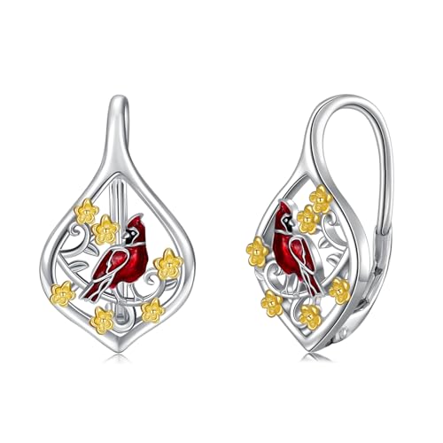 Cardinal/Hummingbird/Parrot Earrings for Women 925 Sterling Silver Bird Dangle Drop Leverback Earrings Hypoallergenic Cardinal Jewelry Christmas Birthday Gifts - style: Red Cardinal