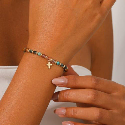 Christian Gifts for Women, Cross Bracelet, Natural Stone Beaded Jewelry - color: Brown