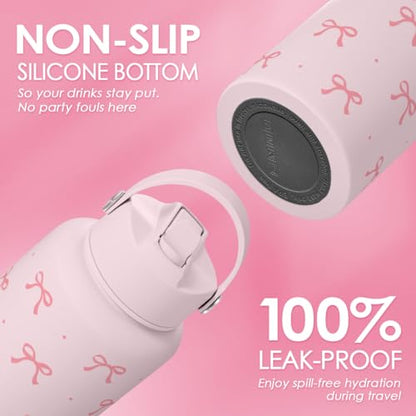 Pink Bow Water Bottle Stainless Steel Insulated Vacuum 32oz with Lid, Gifts for Women Girls Teens Birthday Christmas - color: Coquette Pink Bow