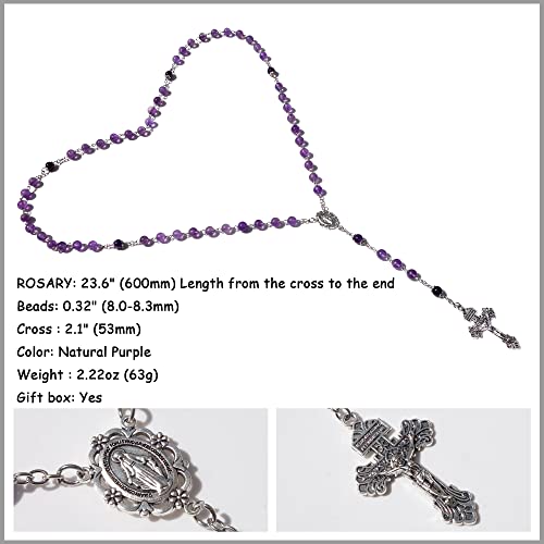 Rosary Beads Chaplet Purple Natural Amethyst Crystal Rosery Cross Catholic gifts - color: Purple