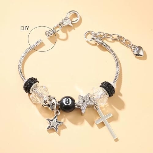 Y2k Charm Bracelet for Women Star Cross 8 Ball Leopard Beaded Bracelet - color: silver