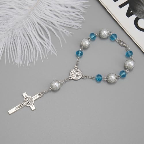 One Decade Car Rosary, St. Benedict Medal Interior Rear View Mirror Charm Auto Rosary, Catholic Rosary Hanging Pendant, Interior Men Women Car Accessories (Blue) - color: Blue