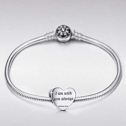 Heart Charm Fit Pandora Charms Bracelet Christian Bible Verse Charm Prayer Faith Religious Charms Gifts for Women - style: I am with you always Matthew 28:20