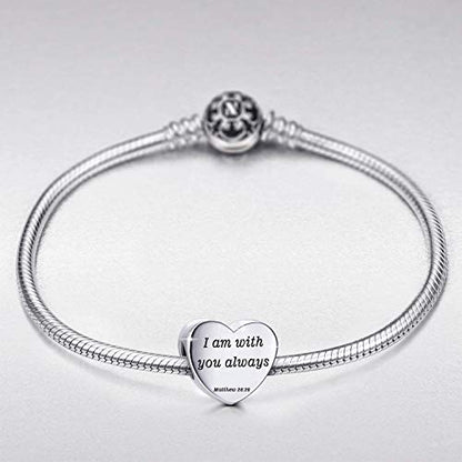 Heart Charm Fit Pandora Charms Bracelet Christian Bible Verse Charm Prayer Faith Religious Charms Gifts for Women - style: I am with you always Matthew 28:20