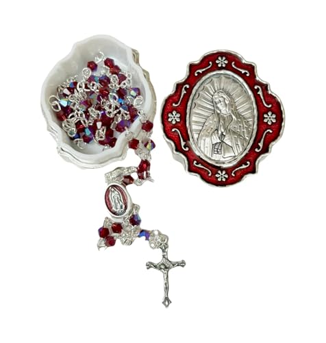 Catholic Silver Linked Rosary Set – 3mm Beads, 14.25" Length, Metal Keepsake Gift Box with Enamel Inlay – Perfect First Communion Gift (Lady of Guadalupe) - color: Lady of Guadalupe
