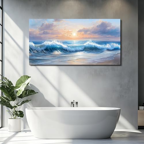 XIGUANGART Beach Pictures Wall Art,Coastal Sunrise Seascape Painting 24x48 - color: Sea Wave Painting, size: 48"L x 24"W