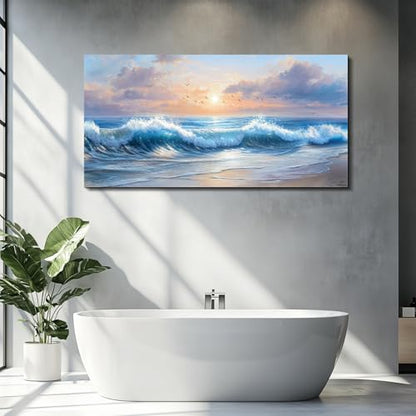 XIGUANGART Beach Pictures Wall Art,Coastal Sunrise Seascape Painting 24x48 - color: Sea Wave Painting, size: 48"L x 24"W