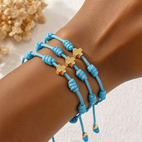 7 Knots Protection Good Luck Red String Rope Gold Cross Bracelet for Women Men, 3Pcs stack Evil Eye Handmade Amulet Adjustable Jewelry, God Christ Pray Friendship Gift - color: Sky Blue Cross