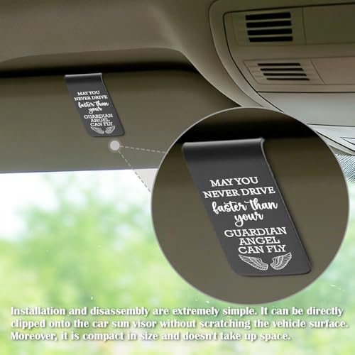 YODOCAMP Never Drive Faster Than Your Guardian Angel Can Fly Car Visor Clip, Christian Safe Driving Reminder with Engraved Angel Message, Faith Based Driver Gift Religious Car Accessory TZC182 - color: Black-C182