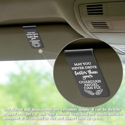 YODOCAMP Never Drive Faster Than Your Guardian Angel Can Fly Car Visor Clip, Christian Safe Driving Reminder with Engraved Angel Message, Faith Based Driver Gift Religious Car Accessory TZC182 - color: Black-C182