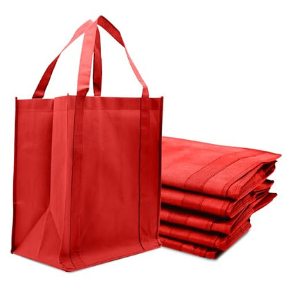 Novel Box 5Pack Non-Woven Reusable Reinforced Tote Bags 13x15x10in with Handle-Heavy Duty Foldable Bag for Groceries & Picnic - color: Red