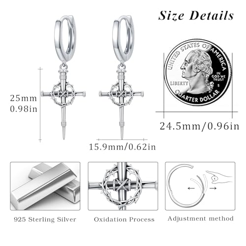 Cross Earrings for Women Men 925 Sterling Silver, Cross Hoop Drop Earrings, Christian Jewelry Gift for Women Men - style: Thorn Crown Cross Earrings