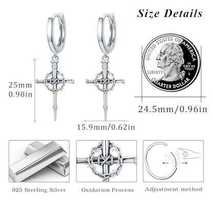 Cross Earrings for Women Men 925 Sterling Silver, Cross Hoop Drop Earrings, Christian Jewelry Gift for Women Men - style: Thorn Crown Cross Earrings